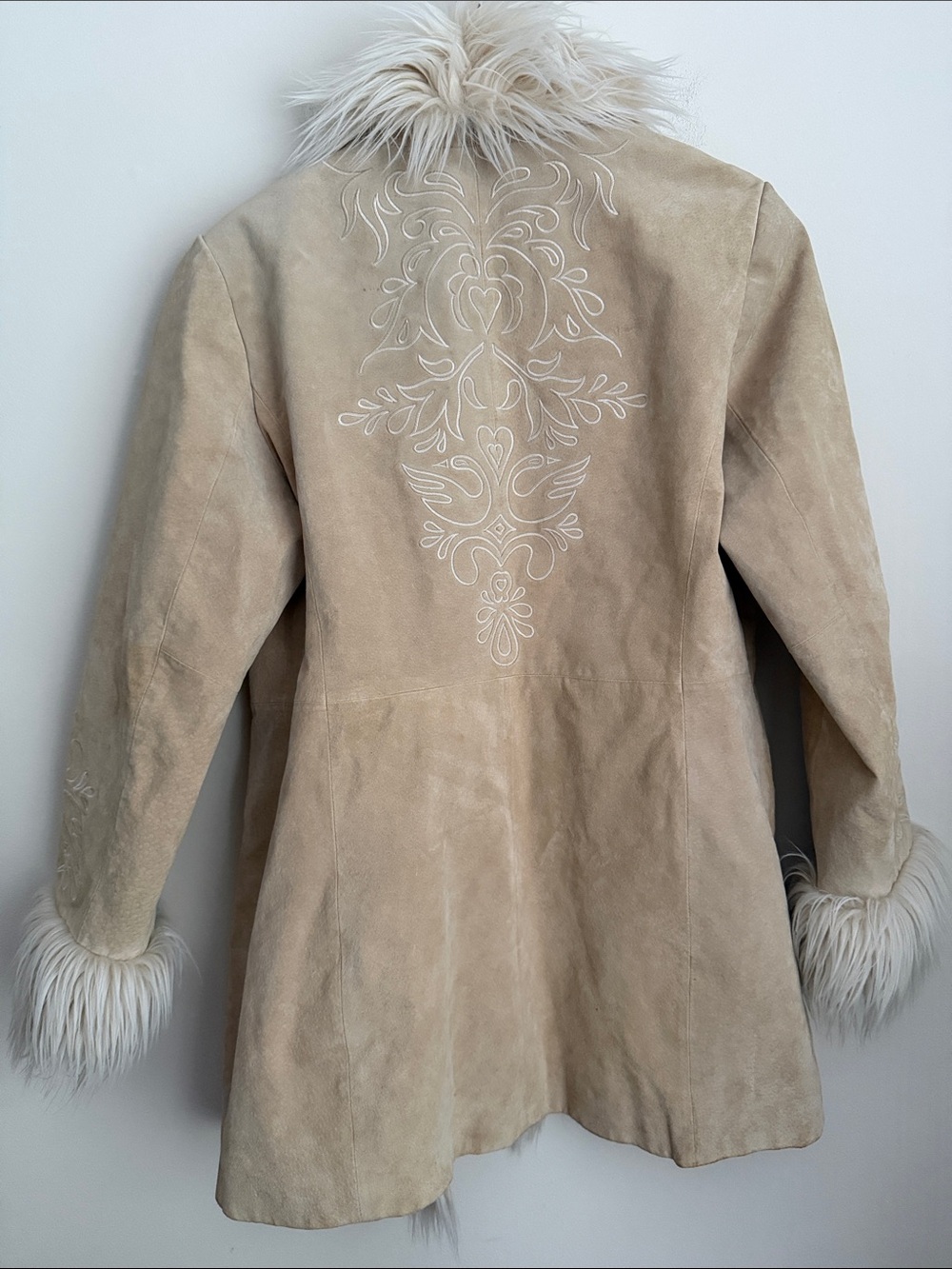 Vintage y2k Suede leather Embroidered Penny Lane Daisy Jones Coat cream fur trim - Picture 2 of 7
